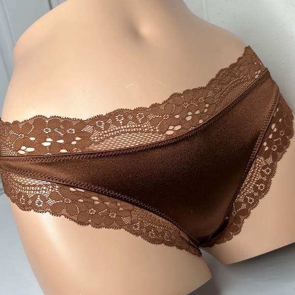 LAST PAIR! Silky Glossy Satin Lace Trim Chocolate Brown Cheeky Panty Sz S NWT - Picture 7 of 17